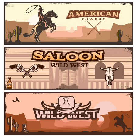 Three horizontal wild west banner set with American cowboy saloon wild west and wild west descriptions vector illustrationのイラスト素材