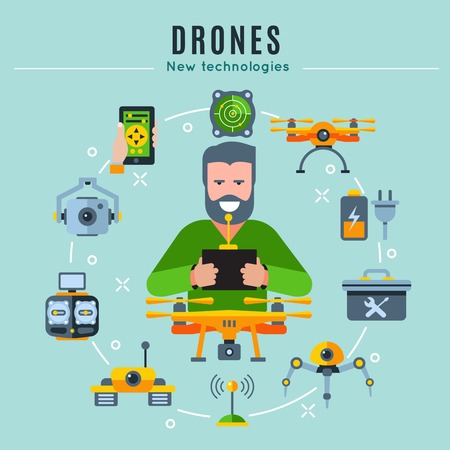 Drones colored composition with playing man at the center and isolated icon set around vector illustrationのイラスト素材