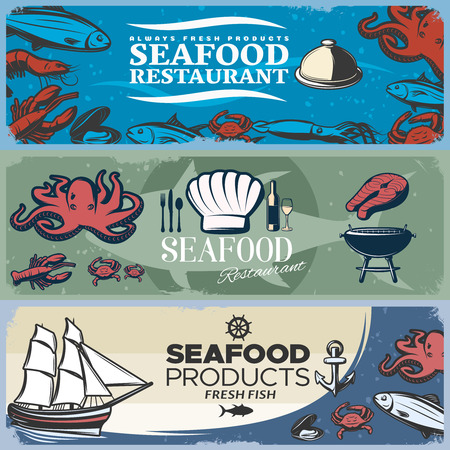 Three isolated colored seafood banner set with headlines about seafood restaurant and products vector illustrationのイラスト素材