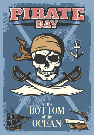 Colored pirates poster with big skull and title pirate bay at the bottom of the ocean vector illustrationのイラスト素材
