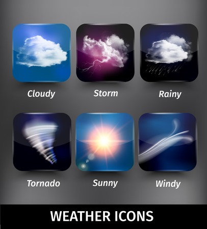 Realistic square weather icon set on cloudy storm rainy tornado sunny windy themes vector illustrationのイラスト素材