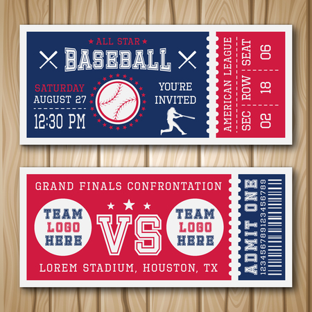 Baseball blue red tickets with sports equipment player and barcode on wooden background isolated vector illustrationのイラスト素材