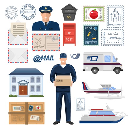 Post office set with employees building imprint and postage stamps transportation parcel and letters isolated vector illustrationのイラスト素材