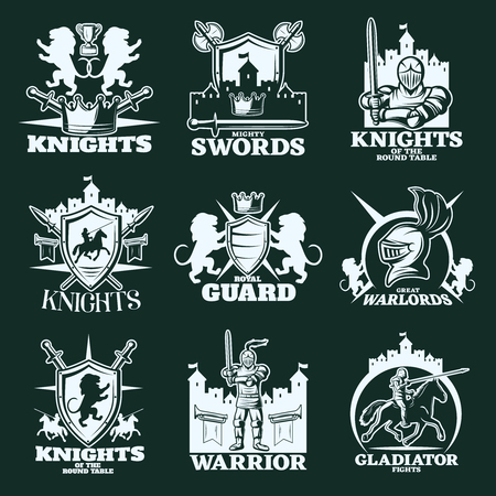 Knights monochrome emblems with warriors heraldic elements edged weapon medieval castles on black background isolated vector illustrationのイラスト素材