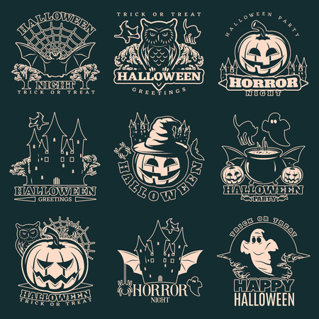 Halloween monochrome emblems with holiday symbols and animals on black background isolated vector illustrationのイラスト素材