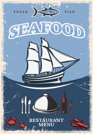 Stylized seafood poster with fishing boat in the sea and headline seafood restaurant menu vector illustrationのイラスト素材