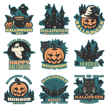 Halloween colored emblems of greetings and parties with holiday elements and traditional sayings isolated vector illustrationのイラスト素材