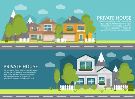 Two horizontal colored and isolated urban landscape banner set with private house headlines vector illustrationのイラスト素材