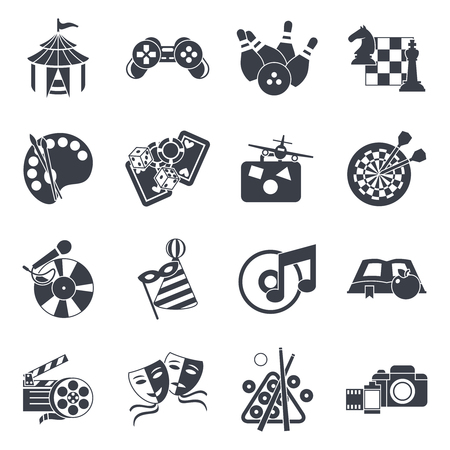 Entertainment isolated icon set in black on recreations themes music theatre cinema vector illustrationのイラスト素材