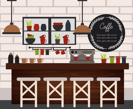 Coffee shop illustration flat and colored with elements of furniture design in modern style vector illustrationのイラスト素材