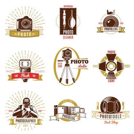 Retro photographer label set with gold and red ribbons different titles on photography theme vector illustrationのイラスト素材