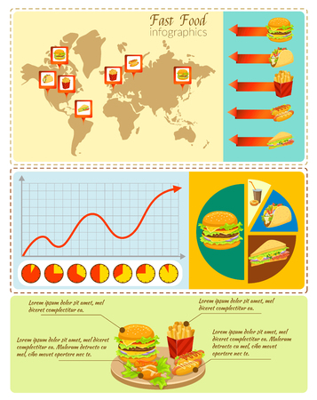 Fast food infographics with world map with markers set of snack dishes graph and diagrams vector illustrationのイラスト素材