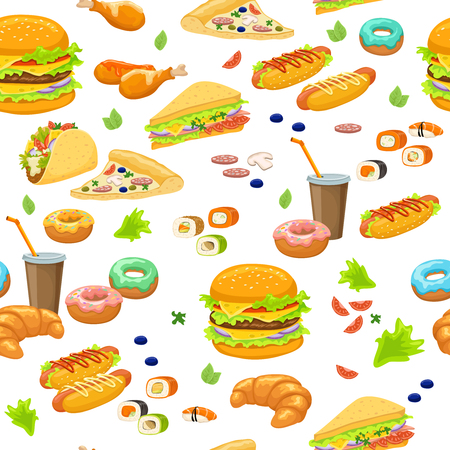 Fast food seamless pattern with burgers and tacos sushi and pizza drinks and pastry vector illustrationのイラスト素材