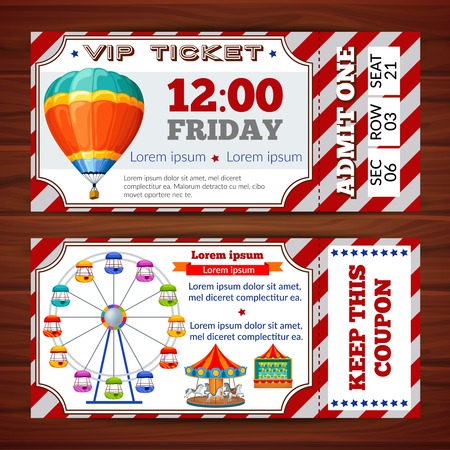 Amusement park tickets with red white substrate and colorful attractions on wooden background isolated vector illustrationのイラスト素材