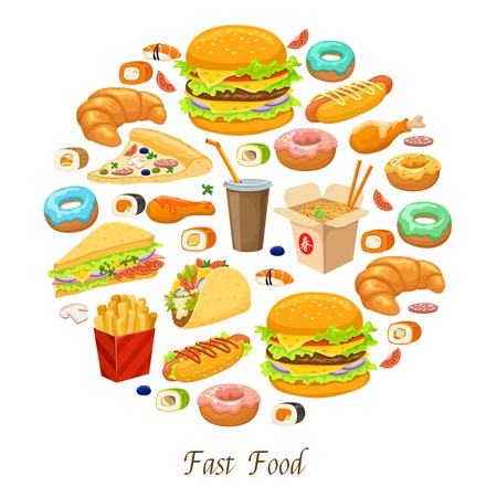 Fast food round composition with american mexican japanese and chinese snack dishes drink and pastry vector illustrationのイラスト素材