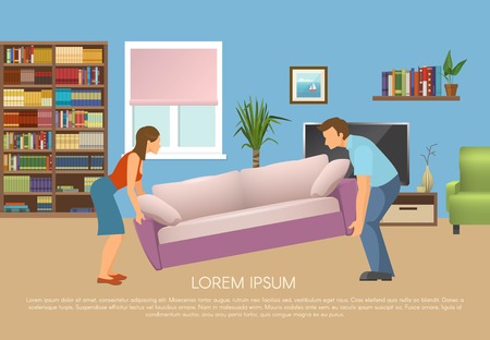 Young family at living room design with man and woman moving sofa vector illustrationのイラスト素材