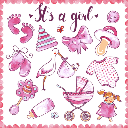 Newborn girl hand drawn elements set with baby clothing toys and objects for care isolated vector illustrationのイラスト素材