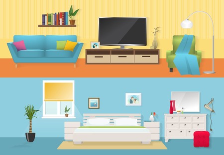 Interiors flat compositions with comfortable furniture at lounge and bedroom in blue white colors isolated vector illustrationのイラスト素材
