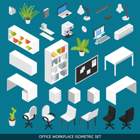Isometric office workplace icon set with attributes and office furniture for the organization of  workplace vector illustrationのイラスト素材
