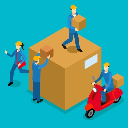 Delivery men isometric composition with courier on scooter girl with bag loaders and big carton vector illustrationのイラスト素材