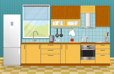 Kitchen interior concept with window yellow cupboards and cabinets blue textural wall and tiled floor vector illustrationのイラスト素材