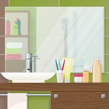 Bathroom interior closeup with mirror on tiled wall sink and cosmetics on textural brown shelf vector illustrationのイラスト素材