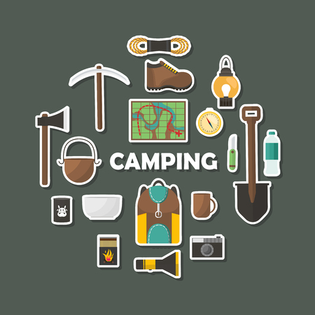 Camping flat icons set in round shape with hiking equipment on grey background isolated vector illustrationのイラスト素材