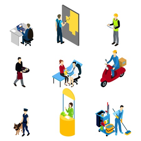 Characters professions isometric set with policeman builder doctor manager and workers of different services isolated vector illustrationのイラスト素材