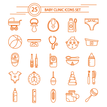 Baby clinic linear icons set with  clothing and toys care products and medical supplies isolated vector illustrationのイラスト素材