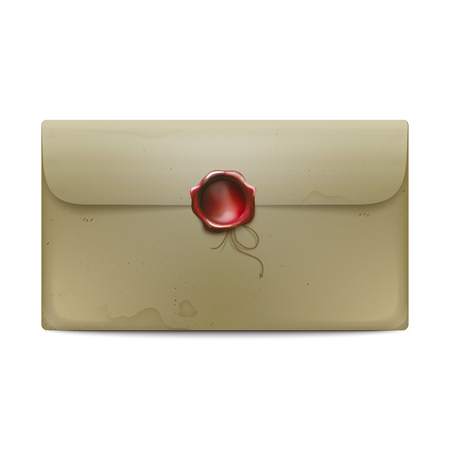 Post stained paper envelope with red wax seal and rope on white background isolated vector illustrationのイラスト素材