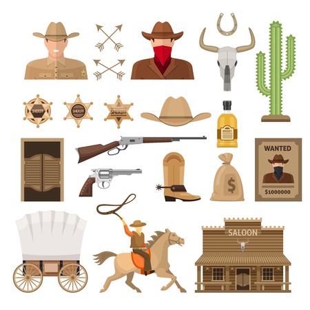 Wild west decorative elements set with sheriff and bandit cowboy accessories wagon and rider isolated vector illustrationのイラスト素材