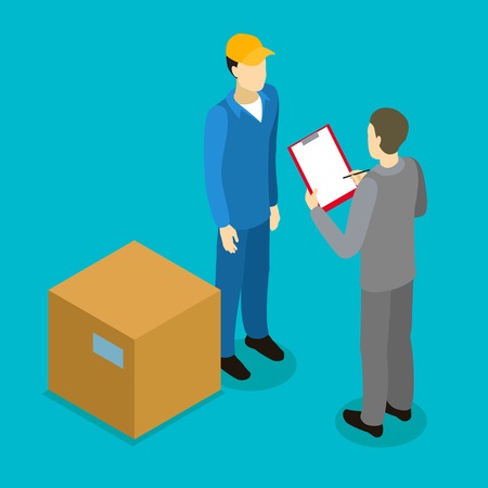 Client delivery isometric composition with courier businessperson and big carton on blue background vector illustrationのイラスト素材