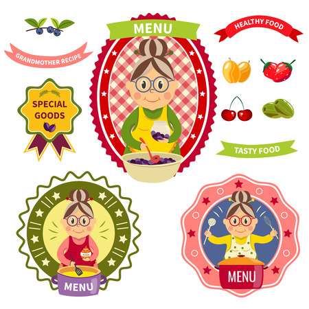 Healthy food menu colorful labels with smiling grandmother in apron fruit and berries cookware isolated vector illustrationのイラスト素材