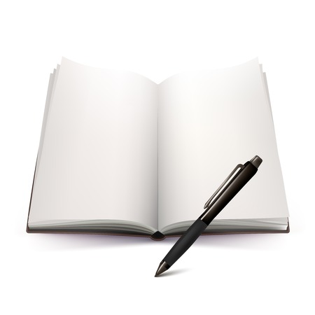 Blank open hardcover notebook and automatic ballpoint black pen 3d design on white background vector illustrationのイラスト素材