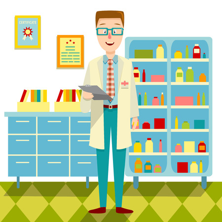 Doctor in his office flat design with young man in glasses and cabinets in background vector illustrationのイラスト素材