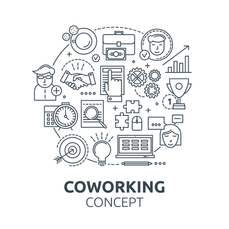 Coworking round composition with team and workplace goals and relationships report and achievements award vector illustrationのイラスト素材