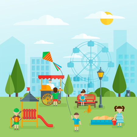 Playground flat concept with children slide and sandbox street food green trees cityscape in background vector illustrationのイラスト素材