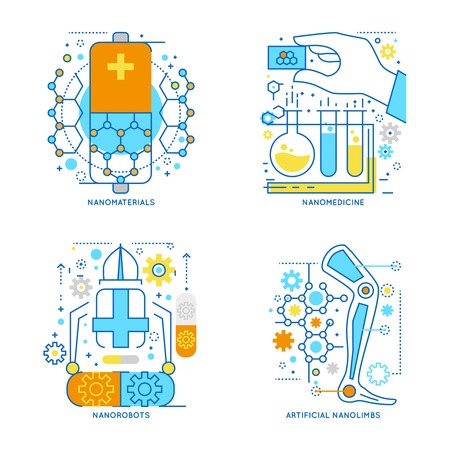 Nanotechnology colored linear compositions including innovative materials and medical treatment robots and artificial limbs isolated vector illustrationのイラスト素材