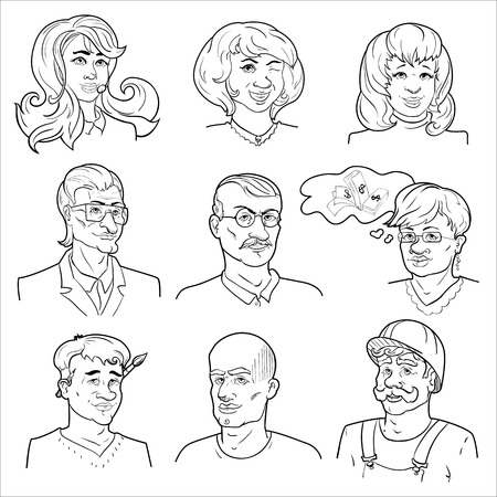 Hand drawn avatars set with four women five men including painter and worker isolated vector illustrationのイラスト素材