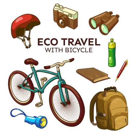 Eco bicycle travel elements set including camera and binoculars backpack flashlight notebook and pen isolated vector illustrationのイラスト素材