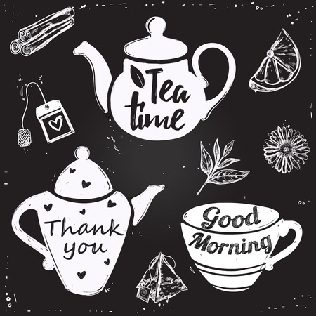 Tea cup lettering with isolated white icon set on black background and text vector illustrationのイラスト素材