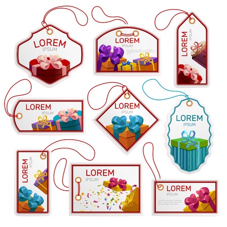 Gift package tags set including labels of different shape with boxes frames and strings isolated vector illustrationのイラスト素材