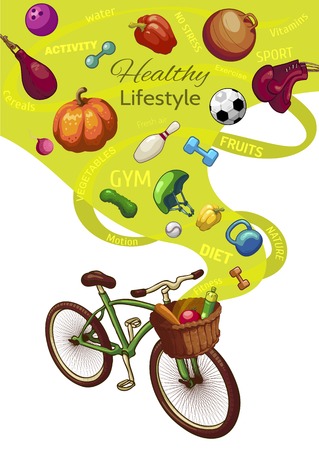 Healthy lifestyle concept with bicycle and wicker basket fresh fruits and vegetables sports outfit vector illustrationのイラスト素材