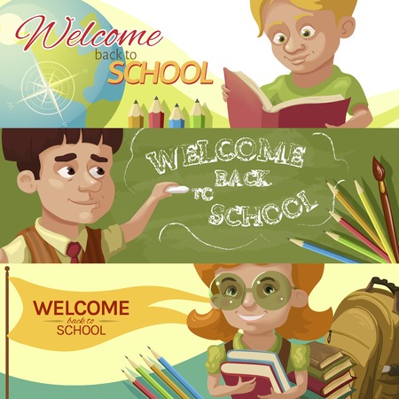 Back to school horizontal banners set with reading boy teacher near chalkboard smiling girl isolated vector illustrationのイラスト素材