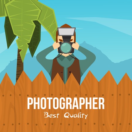 Flat colorful background with male photographer character taking photo behind the fence with editable text vector illustrationのイラスト素材