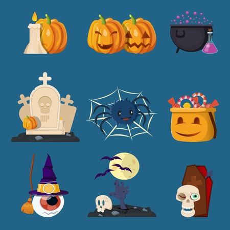 Set of nine isolated colorful halloween holiday icons with gravestones spider pumpkins symbols on blue background vector illustrationのイラスト素材