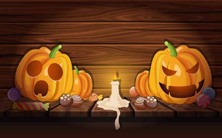 Cartoon composition with pumpkins various halloween sweets and candle on dark wood background vector illustrationのイラスト素材
