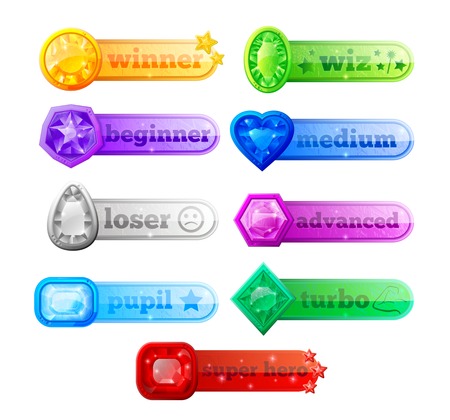Web game assets with colorful jewels and stars panels with ratings of players isolated vector illustrationのイラスト素材