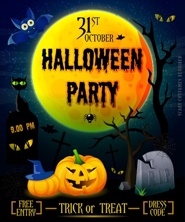 Halloween party poster with typographic title on big moon pumpkin and cat on dark background vector illustrationのイラスト素材
