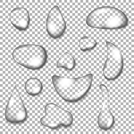 Set of water drops of different shape with flares on transparent background isolated vector illustrationのイラスト素材